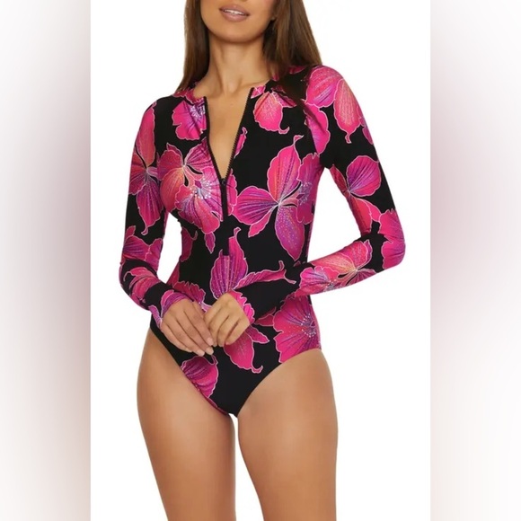 Trina Turk Fleury Floral Rashguard Paddle One Piece Long Sleeve Suit Swimsuit - Picture 1 of 8